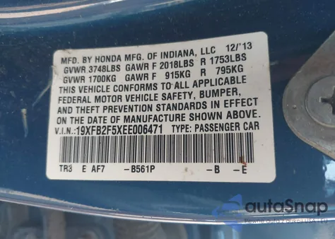 2014 Honda Civic Lx из США, поврежденный, VIN 19XFB2F5XEE006471